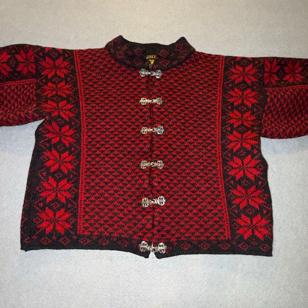 Vintage 1950s Volund Løkken Norway Wool Cardigan XS Red Black Nordic Knit Silver